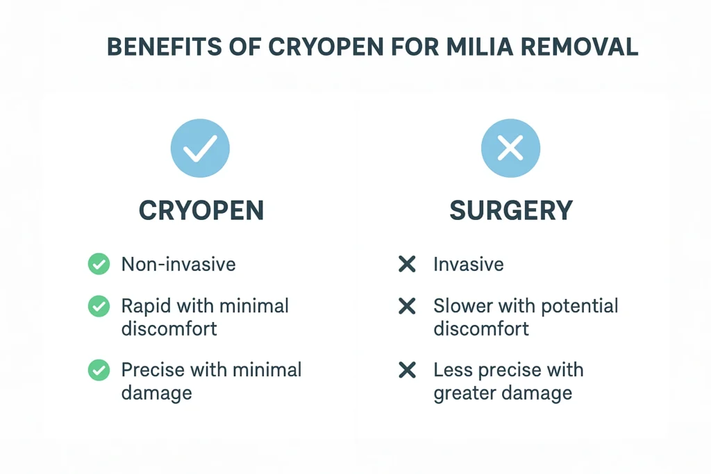 Benefits of cryopen for milia removal Hitchin compared to surgical treatments.