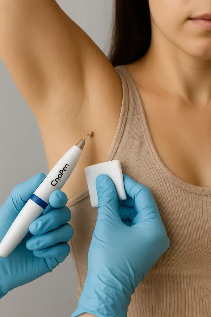 woman having cryopen to remove underarm skin tags Hitchin