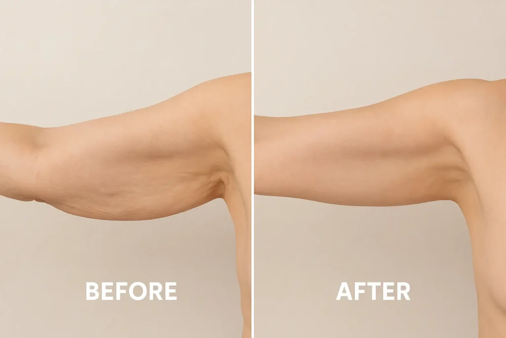 Picture of LA LIPO Hitchin before and after results of skin tightening treatment on the upper arms.