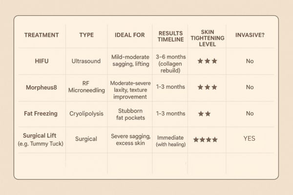 Table showing the comparisons of Skin tightening Hitchin treatment options.